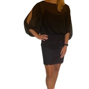 laundry by Shelli Segal sheer blouson 3/4 slit sleeve camisole mini dres…